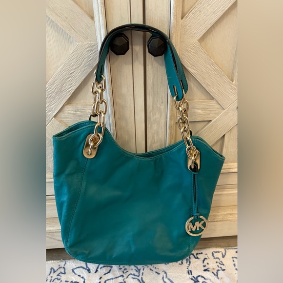 GUC Michael Kors Teal Shoulder Bag with Gold Accents - Picture 2 of 9